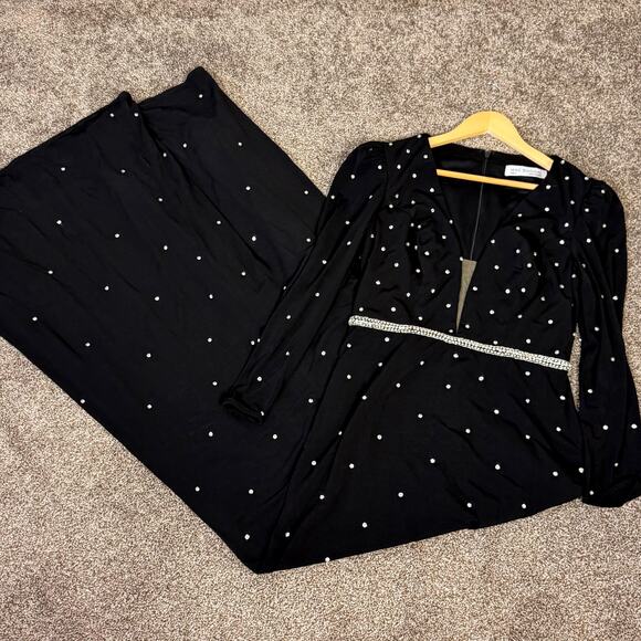 Mac Duggal NWT Size 8 Black Maxi 67874 Jeweled Plunge V Neck Long Sleeve Gown - Picture 4 of 16